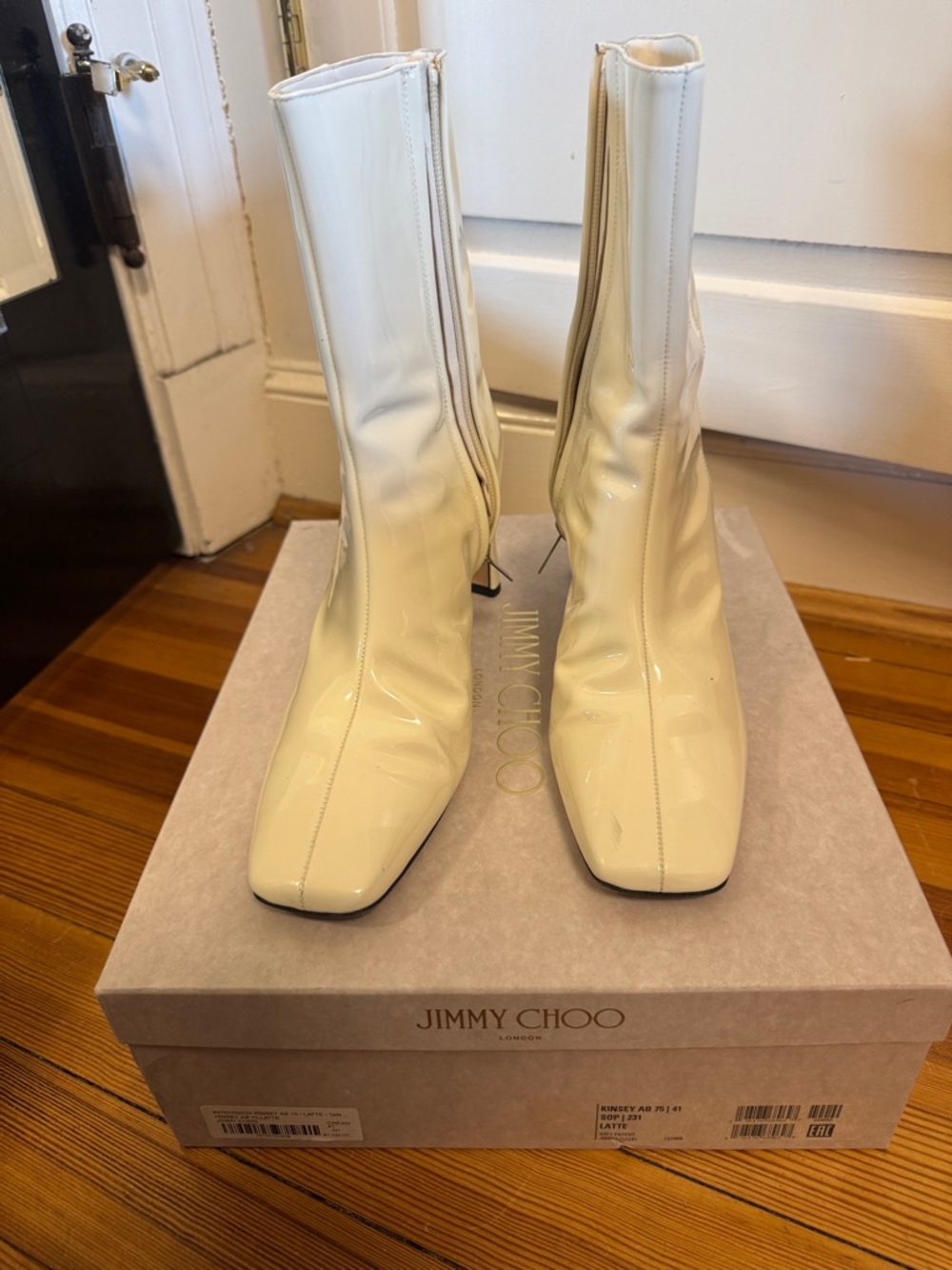Jimmy Choo Cream Patent Leather Mid-Calf Heeled Boots
